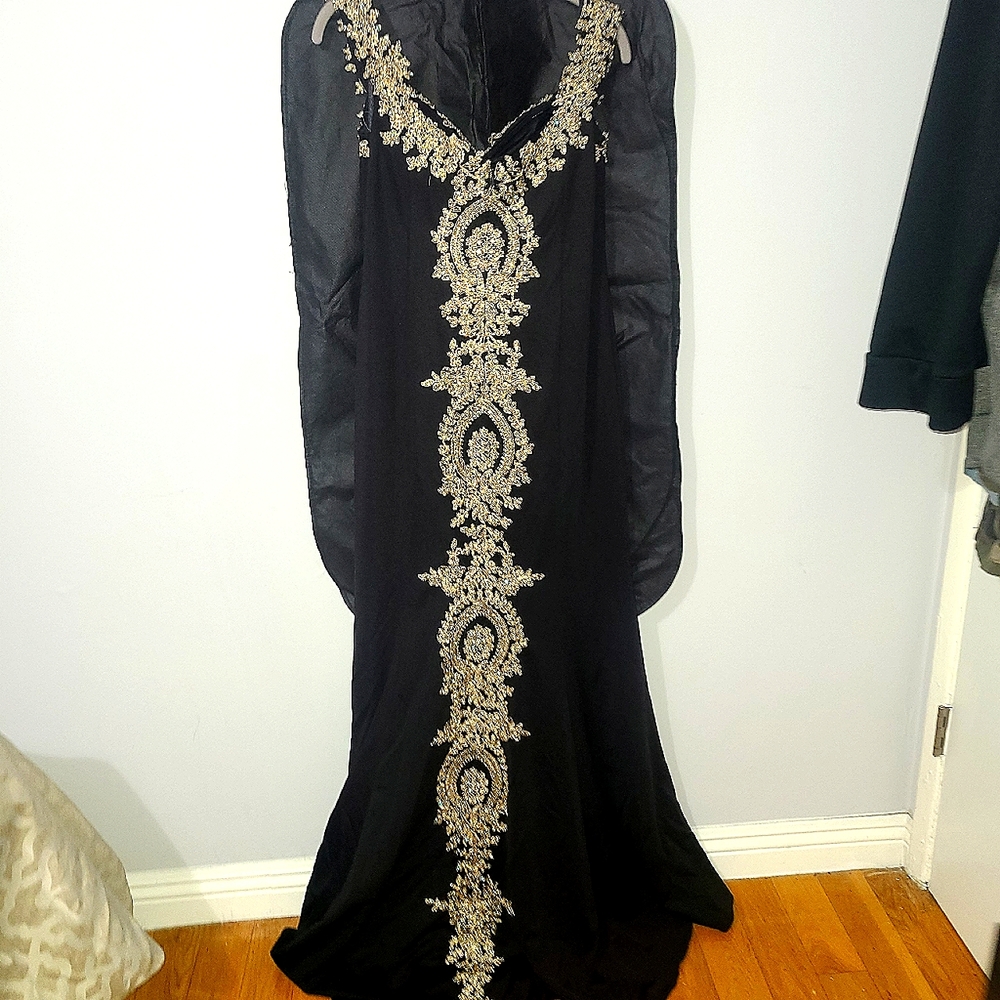 Floor Length Black & Gold Trumpet Skirt Gown With Applique & Crystal
